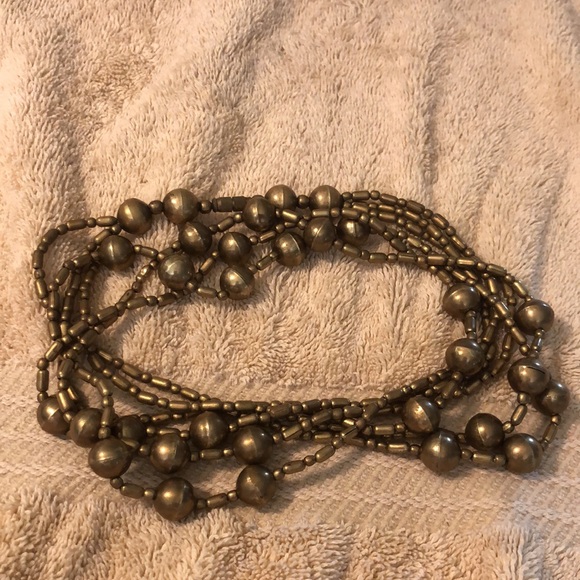 Vintage Three Strand Brass Beaded 15” Barrel Clasp Necklace